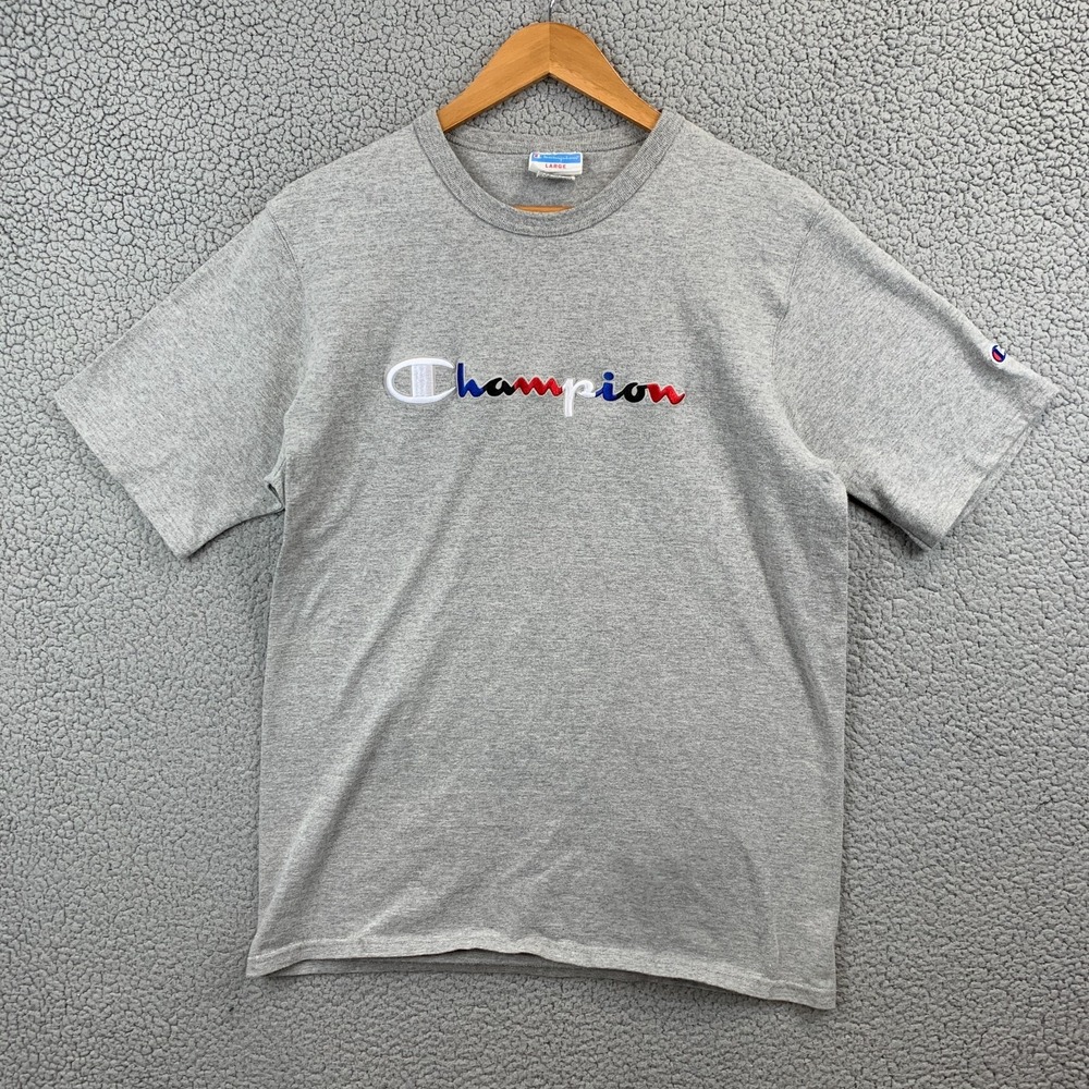 Champion T Shirt Embroidered Spell Out Logo Gray Mens Size Large